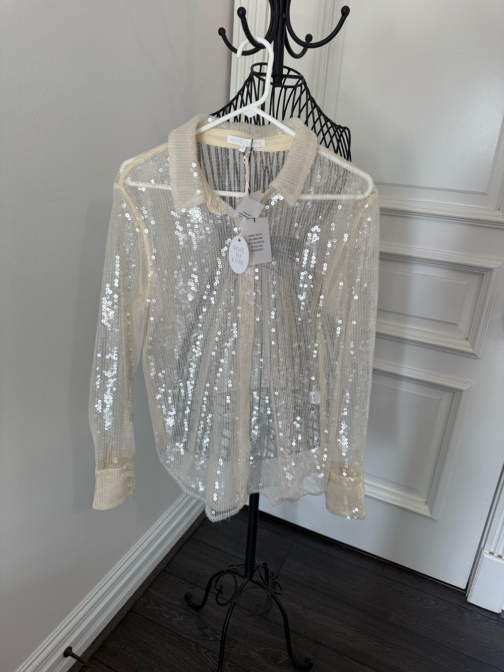 Sheer Sequin Button-Up Shirt - White / nude - Picture 2 of 3